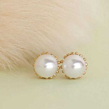 Gold White Pearl Stud Earrings, Bridesmaid Wedding Jewelry on Luulla