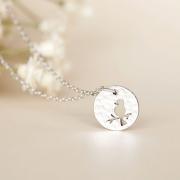 Silver Disc Necklace, Whimsical Bird on Branch Disc Charm Necklace