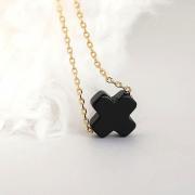 Black Onyx Square Sideways Cross Necklace, Gold / Silver Chain