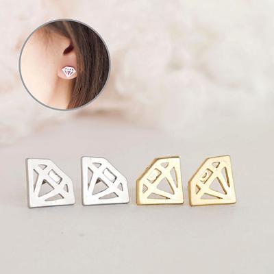 Graphic Diamond Stud Earrings, Gold or Silver, Diamond in Cutout Outlined Shape, Geometric Inspired