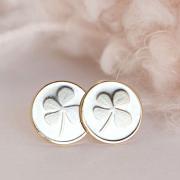 Gold Four Leaf Clover Stud Earrings, Shamrock Lucky Coin Disc Posts