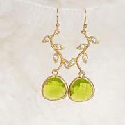 Peridot Green Teardrop CZ Leaf Dangle Earrings, Wedding Jewelry