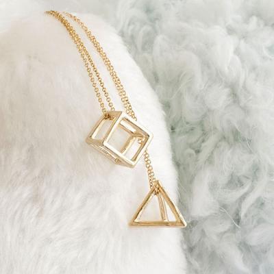 3D Cutout Frame Triangle Pyramid / Oblong Cube Charm Necklace, Silver / Gold