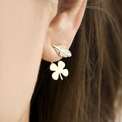 Gold Leaf Clover Flower Ear Jacket Front Back Earrings, Whimsical Nature Inspired Jewelry