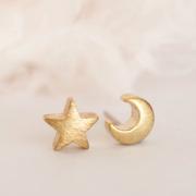Gold Crescent Moon Star Stud Earrings, Astronomy Nebulae Galaxies Inspired Jewelry