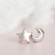 Silver Moon Star Stud Earrings, Crescent Moon Star Whimsical Jewelry