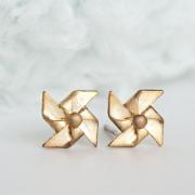 Gold Paper Pinwheel Stud Earrings, Windmill Whimsical Jewelry