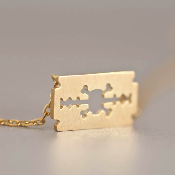Gold Razor Blade Necklace, Skull Skeleton Cross Bones Cutout Charm on