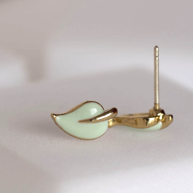 Gold Leaf Mint Seafoam Green Stud Earrings, Whimsical Jewelry on Luulla