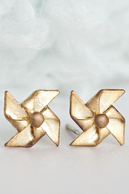 Gold Tiny Paper Pinwheel Stud Earrings, Windmill Whimsical Jewelry