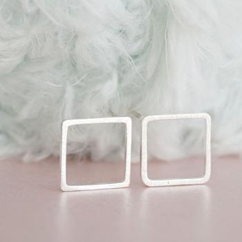 Silver Open Square Stud Earrings, Hollow Frame Ear Posts, Minimalist Geometric