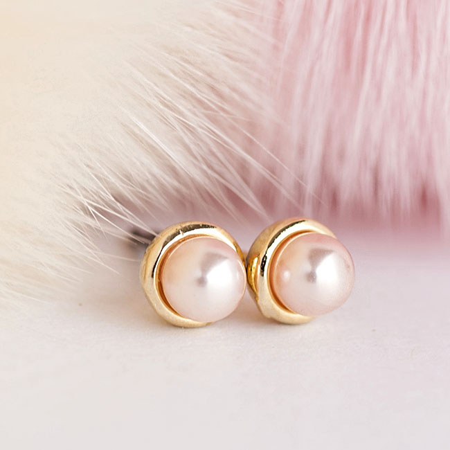 Tiny Gold Pink Pearl Stud Earrings, Bridesmaid Wedding Jewelry on Luulla